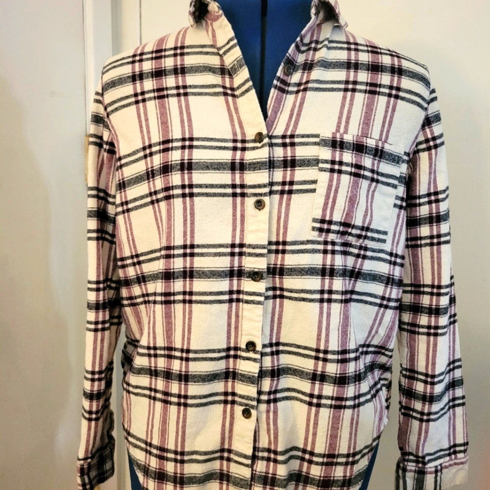 Forever 21 Cream, Burgundy, and Black Plaid Flannel Buttondown Shirt, Sz Small